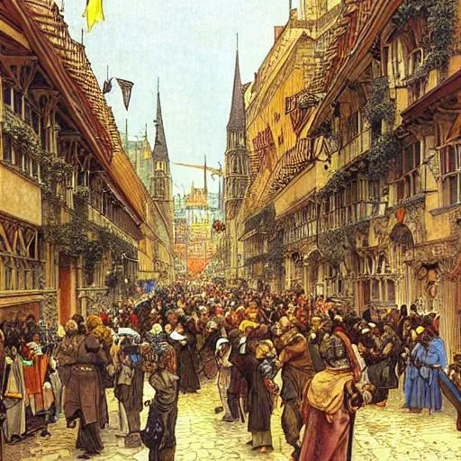 SamDoesArt, medieval city, crowded, bustling city, m... | OpenArt