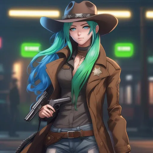 Prompt: She has a long, distinctive neon-green that fades to neon-blue hair in a ponytail, heterochromia eyes, wearing a long brown coat, grey vest, denim pants, black cowboy boots, holding a pistol, wearing a brown sheriff's cowboy hat, 8k, UHD, heavily detailed, anime style
