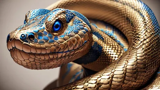 Prompt: Anthropomorphic majestic snake, portrait, blue glow, finely detailed skin, cinematic lighting, intricate filigree metal design, 4k, 8k, unreal engine, octane render