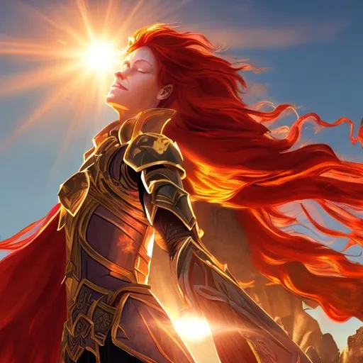 Prompt: A red hair woman paladin is bowing down to the Sun goddess.