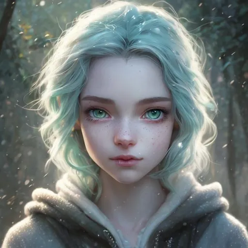 Prompt: photorealistic Closeup face portrait of snow white princess  white hair in dreadlocks under a hooded top and green eyes smooth soft skin, with few scars small shallow eyes, beautiful intricate colored hair, symmetrical, snowing, soft lighting, detailed face, by makoto shinkai, stanley artgerm lau, wlop, rossdraws, concept art, digital painting, looking into camera