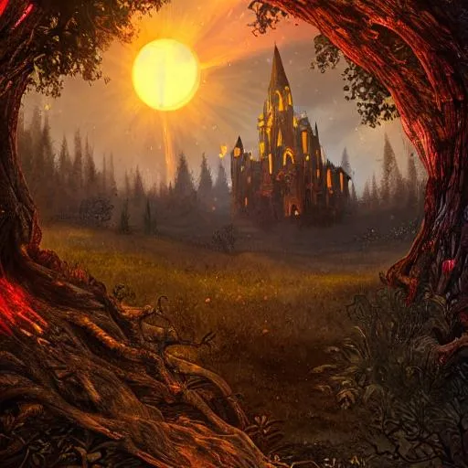 Prompt:  The far background showing the towering, gnarly-branched, beautiful, World Tree with a vibrant glowing golden-red aura emanating from it and in the foreground is also large, very complex and decaying castle but smaller than the world tree. The sky has a dark greenish tint to it and the overall picture is angled and area is zoomed out over a large land devastated land, a small knight mourning in the foreground and the tone is gothic  horror