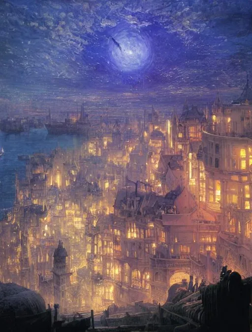 Prompt: A white city by the sea under a starring sky by Daniel f gerhartz, Jacek yerka, Wayne Theibaud, Caspar David Friedrich, John Atkinson Grimshaw.
highly detailed, intricate, dynamic lighting, crisp quality, focused, deeply saturated colour