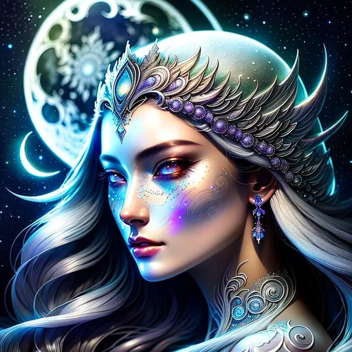 Prompt: Beautiful moon goddess covered in nightly glow with detailed silver features in the moon with illuminating moonshine, beams; by anna dittmann, floradriel, digital painting, extreme detail, 120k, ultra hd, hyper detailed, white, wlop, digital painting; crystal body, Anime Character, Detailed, Vibrant, Anime Face, Sharp Focus, Character Design, Wlop, Artgerm, Kuvshinov, Character Design, Unreal Engine, Vintage Photography, Beautiful, Tumblr Aesthetic, Retro Vintage Style, Hd Photography, Hyperrealism, Beautiful Watercolor Painting, Realistic, Detailed, Painting By Olga Shvartsur, Svetlana Novikova, Fine Art, Soft Watercolor