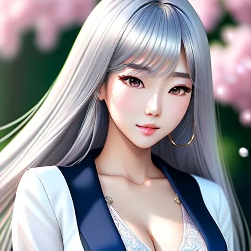 Prompt: Landscape Beautiful young korean woman, manhwa face, beautiful body, intricate, intricate silver hair, Slightly open clothes, with school uniform,shirt, firm and big body, student,school background, japan student, japan,perfect body, cute, hyperrealism,beautiful photography , highly detailed, digital art by sakimichan and kidmo, hd, 4k,8k