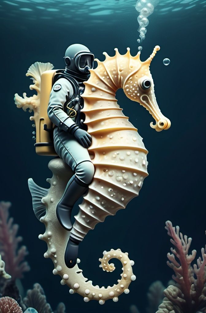 Prompt: A drawing of a deep sea diver riding a seahorse