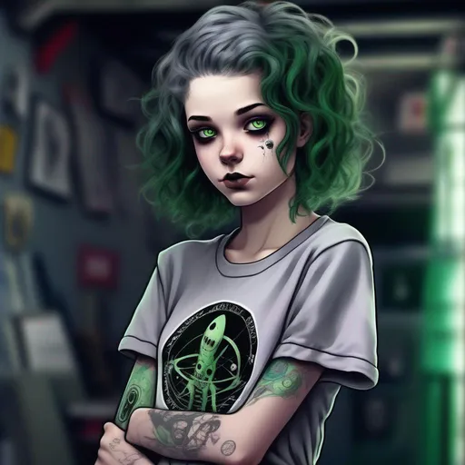 Prompt: An insanely beautiful girl around 16 years old. punk clothes. perfect anatomy, symmetrically perfect face. perfect grey eyes. beautiful short dark green wavy hair. no extra limbs or hands or fingers or legs or arms wearing a shirt that says deepspaceghost on it.