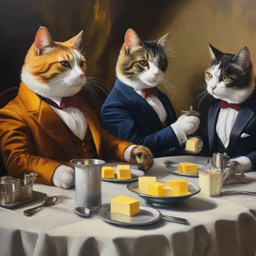 Prompt: breathtaking oil painting of a cats in suits sitting around a table eating butter and discussing business. Exquisite Detail Everything is perfectly to scale, Aesthetically Brilliant with a cool ambience HD, UHD, 8k Resolution, Vibrant Colorful Award winning 