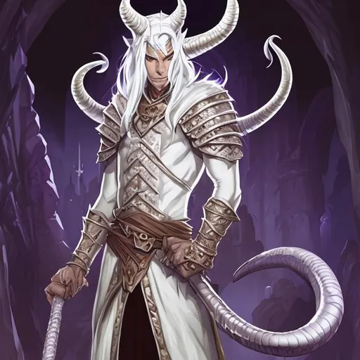 Prompt: In Dungeon and Dragon theme, illustration, Tiefling, mage, evil background, a male, platinum hair color, semi-white skin color, 140cm tall