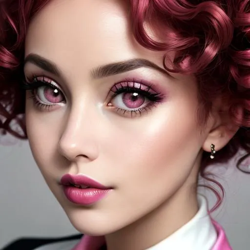 Prompt: woman with big  eyes and carmine lips, curly pink hair,dark pink lips, pink cheeks