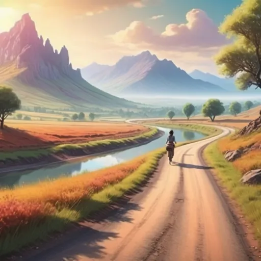 Prompt: A (beautiful journey), winding road through a picturesque landscape, vibrant colors reflecting serene nature, sunlit sky gently illuminating each element, captures a peaceful atmosphere, high-definition details portraying lush greenery, majestic mountains in the backdrop, inviting destination in the distance, a feeling of hope and adventure, (4K), cinematic composition of exploration and tranquility.