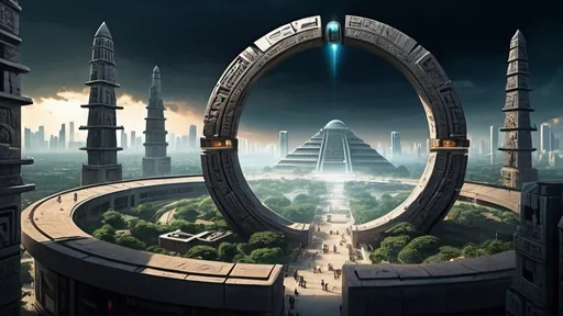 Prompt: magical portal between cities realms worlds kingdoms, circular portal, ring standing on edge, upright ring, freestanding ring, hieroglyphs on ring, complete ring, ancient mayan architecture, zigurat, pylons, gardens, hotels, office buildings, shopping malls, large wide-open city plaza, panoramic view, futuristic cyberpunk tech-noir setting, open sky