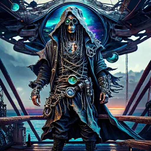 Prompt: Overalll Styling:
Hyper realistic, epic dystopian cyberpunk pirate, one eyed patch one other eyes was cybernetic eyeball, wearing futuristic pirate robe with sling huge belt accross its chest, standing at the front deck of flying futuristic pirate ship, cyberpunked dystopian city skies
Composition:
centered, approach to perfection, cell shading, 4k , cinematic dramatic atmosphere, watercolor painting, global illumination,  artstation, concept art, fluid and sharp focus, volumetric lighting, cinematic lighting, masterpiece, best quality, ultra-detailed, illustration, colorful, depth of field


