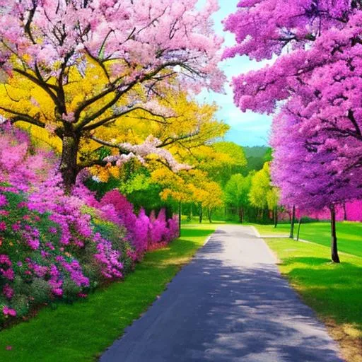 Prompt:  landscape in vivid colors, flowering trees