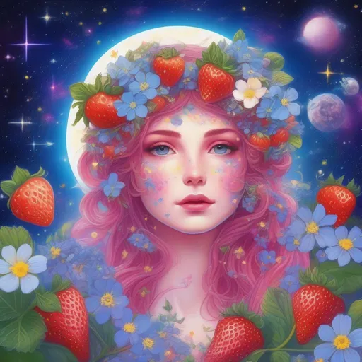 Prompt: A beautiful and colourful picture of Persephone with forget-me-not flowers, Baby's Breath flowers and strawberry plants surrounding her, framed by the moon and constellations in a Lisa Frank art style. 