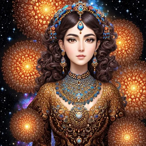 Prompt: full color julia clusters fractal brown An organic surface generated with Perlin noise and Fractal geometry exists in the background knowledge of the world background sky with nebulae and galaxies and stars and planets, a full body beautiful full color voronoi on julia clusters fractal woman wearing made of silver with jewelry and diamonds, Ottoman beauty, black eyes, very detailed beautiful face, concept art, fantasy, with holding sward,