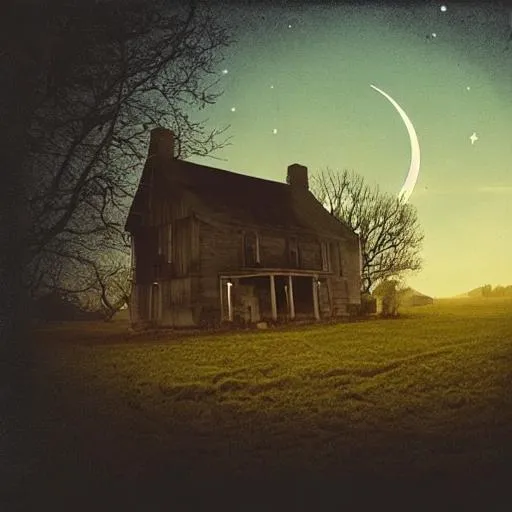 Prompt: old eerie farmhouse with crescent moon and graveyard

