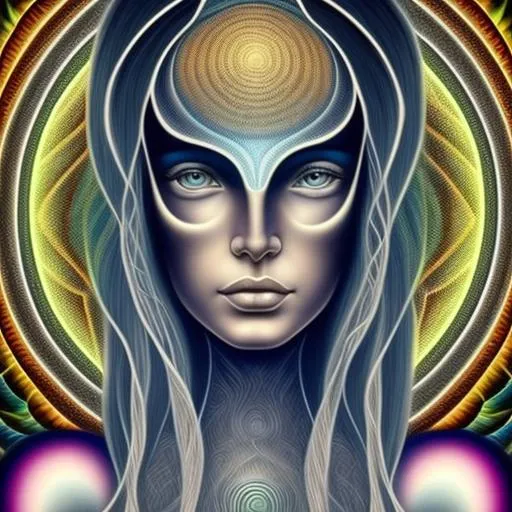 Prompt:  Geometric background backlit in the style of Alex Grey,the fore ground is in the style of Botticelli. A beautiful woman, Gray hair, four Gray-colored eyes, one set of eyes over the top of the other set of eyes