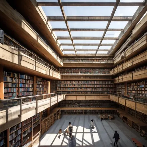 Prompt: a large multi story library filled with books and with brutalist architecture and lots of skylights and foot paths 