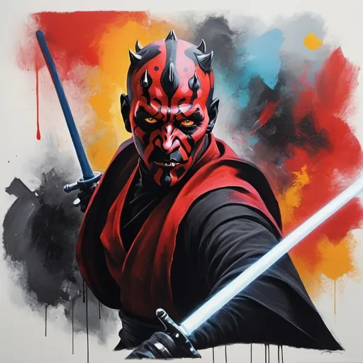 Prompt: An abstract painting with bright, eye-catching colors. Darth Maul in battle