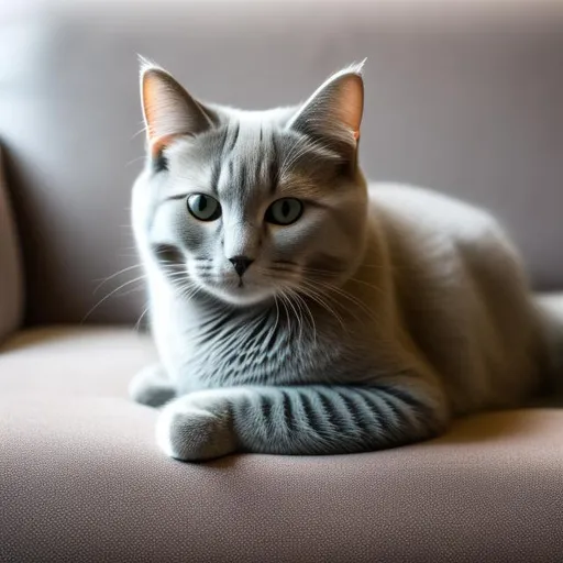 Prompt: 4k resolution, highly detailed pictures, perfectly drawn object, A photo of lazy bluish grey cat sit on a couch