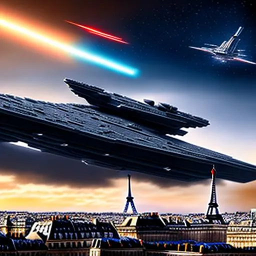 Prompt: battle in Paris,  shooting, realist, detailed, with Star Destroyer from Star Wars in skyes
