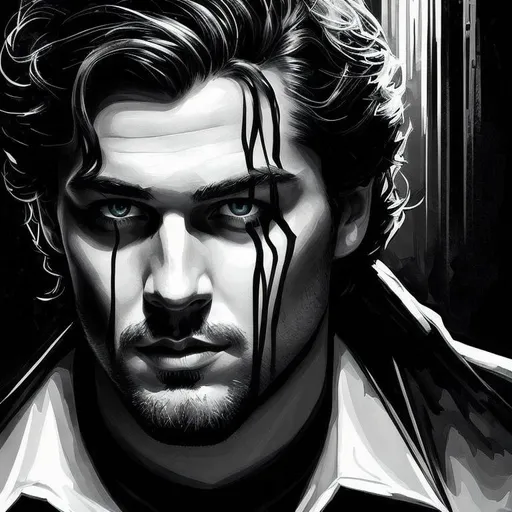 Prompt: AI-generated digital painting showcasing dramatic lighting and shadows reminiscent of film noir, Deep contrasts, low-key lighting, and strong chiaroscuro effects, Moody atmosphere and high level of detail, Art by Lucas Thompson and Emily Foster, wicked man spending the night in the gaze of strange eyes, vintage, promiscuous, black and white, detailed, intricate ink, illustration, bittersweet, hd, surreal