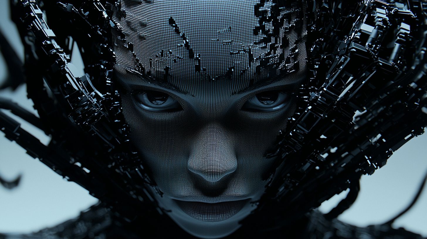 Prompt: pixelated digital face of a young woman with black wires behind her head, in the style of organic sculpting, afrofuturism, dark silver and dark black, uhd image, meticulous detailing, robotic motifs, sculptural expression --profile y8if64b