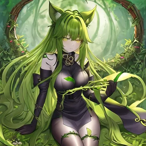 Prompt: Yellow_Eyes, Green_Hair, Tripp Stepper, Witch Anime, Class X Villain, Ivy Vines, Huntress of Mice and Mammoth 