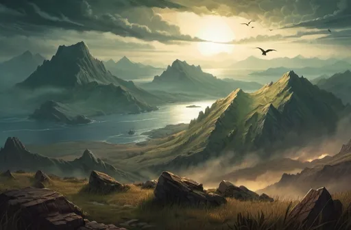Prompt: Warhammer RPG-style illustration of grassy mountains by sea, rugged terrain, high quality, sunset barelly seen trough clouds, light mist, birds in the sky, eerie atmosphere, detailed, fantasy, dramatic lighting, earthy tones, rugged landscape, intricate details, mystical atmosphere