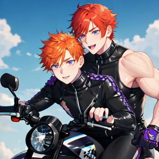 Prompt: Erikku 1male (short ginger hair, freckles, right eye blue left eye purple) muscular, riding a motorcycle