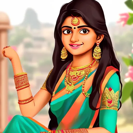 Prompt: an Animation of an indian girl age between 16 to 18 wearing an saree  and north indian jewelry 
