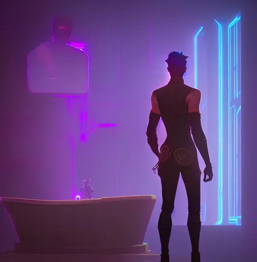 Prompt: man standing at a mirror in an upscale bathroom while looking into a parallel world steampunk, neon, rave.