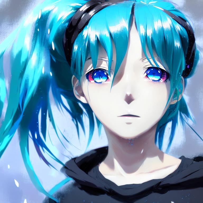 pretty anime girl with blue hair tied in a bun weari... | OpenArt
