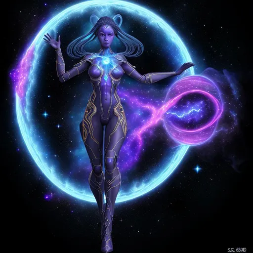 Prompt: nebula, 3D, HD, full-body,  dark, plasma action portrait of a ({Female}Goddess as a Wizard), expansive cosmic background --s98500