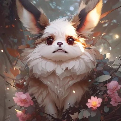 Prompt: Cute fluffy Eevee, flowers, forest colours, sparkling eyes, embers in her eyes, shining eyes, beautiful fur,  sharp features, highly detailed, digital painting, artstation, concept art, smooth, sharp focus, expressive eyes, illustration, art by Artgerm and greg rutkowski and alphonse mucha