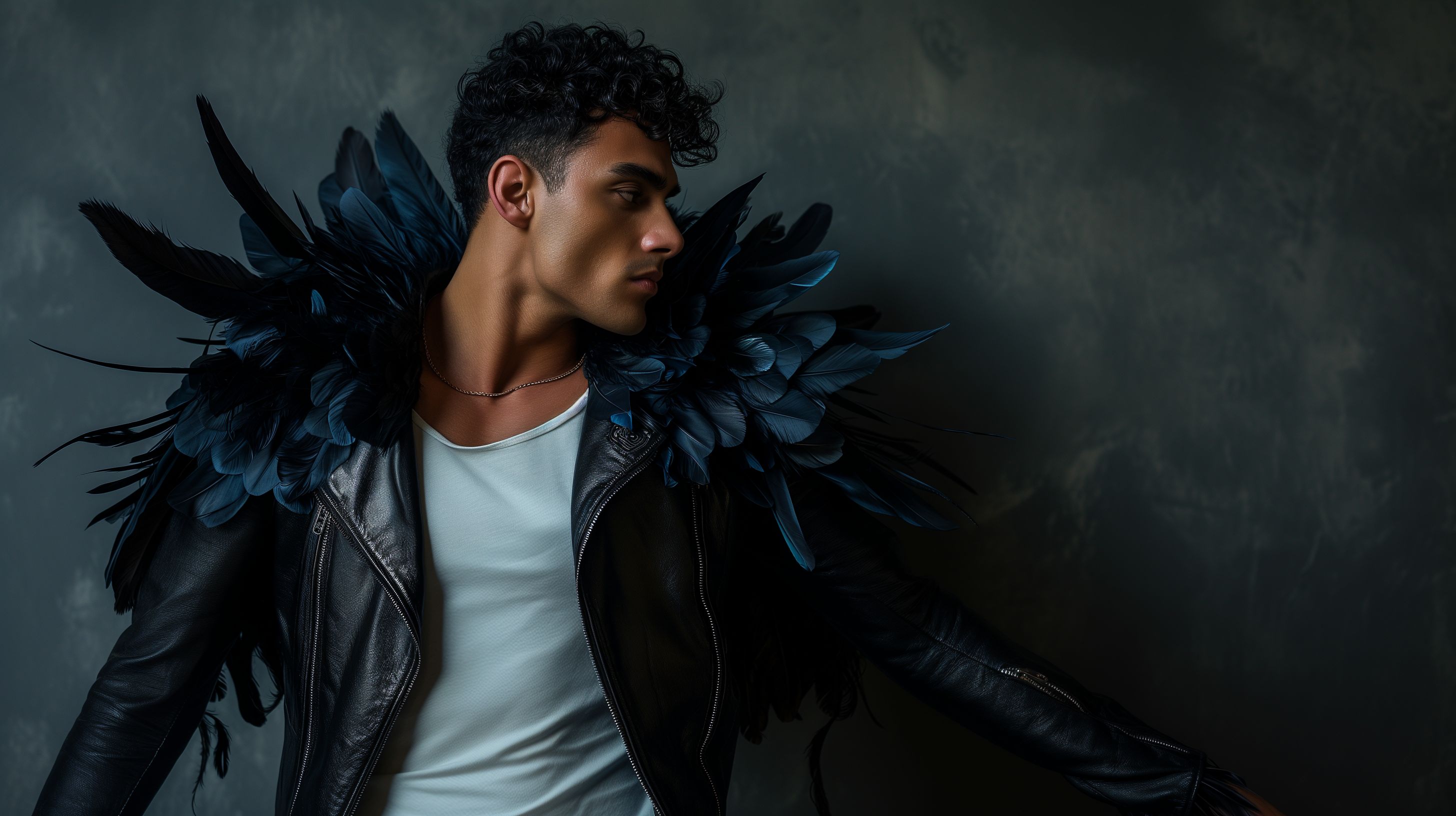 Prompt: handsome young tan skinned spanish man with short black curly hair, wearing a roackstar black leather jacket the neck frill is long pointy dark blue quail feathers, form fitting white t-shirt, black leather pants, dancing drawing attention to his stylish clothing, center of attention, all lights on him, long lashes, thick smokey black eyeshadow, --ar 16:9 --v 6.0