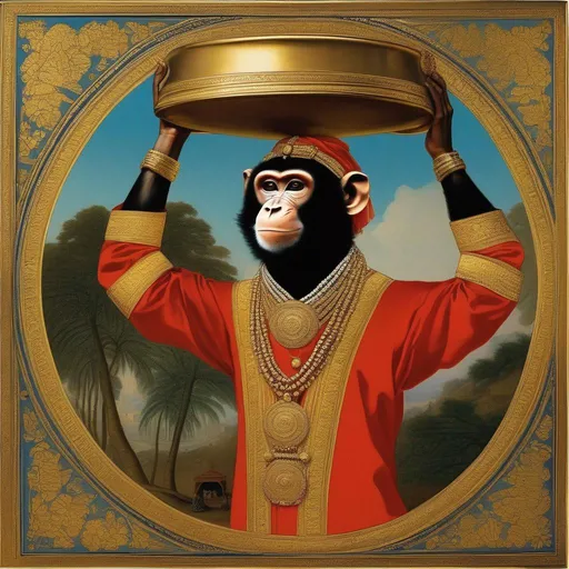 Prompt: A Monkey Servant holding a golden plate over his head.