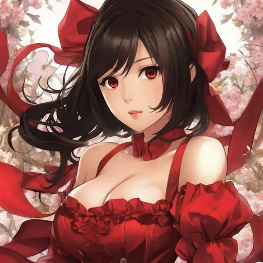 Prompt: anime art, pretty young Indonesian woman, 25 year old, (round face, high cheekbones, almond-shaped brown eyes, epicanthic fold, small delicate nose, luscious lips, short bob black hair), red silk bustier style dress, perfect hourglass figure, looking directly at camera, Japanese manga, Pixiv, Anime Key Visual, Fantia