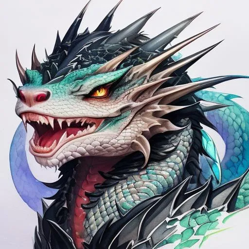 Prompt: portrait of a roaring  dragon with fangs and iridescent black markings and a cute face, perfect composition, watercolor on paper with pencils, hyperrealistic, super detailed, 8k, high quality, trending art, trending on artstation, sharp focus, studio photo, intricate details, highly detailed