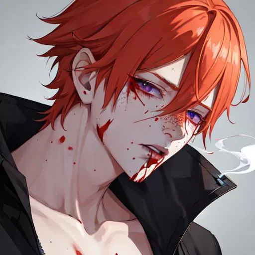 Prompt: Erikku male adult (short ginger hair, freckles, right eye blue left eye purple)  UHD, 8K, insane detail anime style, covered in blood, psychotic, covering his face with his hands, face covered in blood and cuts, blood highly detailed, smoking a cigarette 