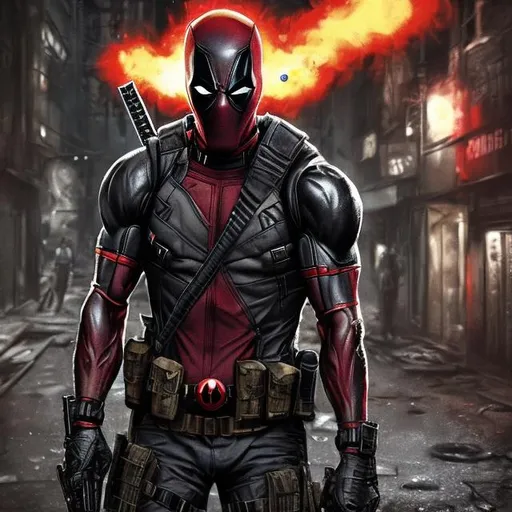 Prompt: Redesigned dark gritty, mostly black military commando-trained villain deadpool. Bloody. Hurt. Damaged mask. Accurate. realistic. evil eyes. Slow exposure. Detailed. Dirty. Dark and gritty. Post-apocalyptic Neo Tokyo with fire and smoke .Futuristic. Shadows. Sinister. Armed. Fanatic. Intense. 