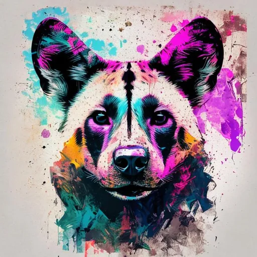 Prompt: Beautiful majestic african wild dog head portratit on white background illustration painting colourful 
 grunge style generative 