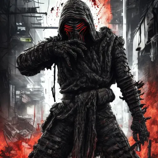 Prompt: Redesigned Gritty dark camouflage. Intense futuristic military commando-trained villain Todd McFarlane's kylo ren Spawn Bloody. Hurt. Damaged mask. Accurate. realistic. evil eyes. Slow exposure. Detailed. Dirty. Dark and gritty. Post-apocalyptic Neo Tokyo with fire and smoke .Futuristic. Shadows. Sinister. Armed. Fanatic. Intense. 