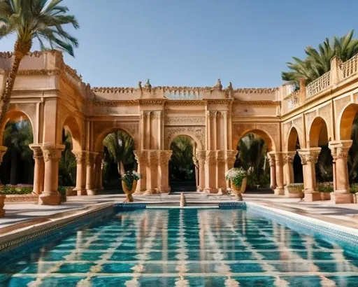Prompt: Summer court from court of Thornes and roses with a Majestic palace hitten by the sun facing the Sea in arabic and Roman  architecture , there's water fountains and gentle breeze and flowers and palms and Sand with seashells