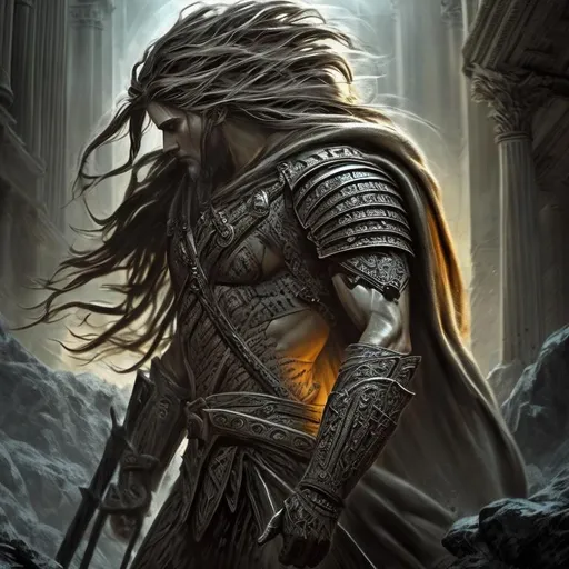 Prompt: Epic, Heroic, fantasy, ominous, cinematic lighting, 3D, HD, [{Rugged Handsome!}Male with {Long brown hair with gray highlights}, wearing armor with intricate skulls, Beautiful big eyes], {Greek}mythology, mist, expansive ancient Greek background, hyper realistic, uber detailed, 64k, high quality, sharp focus, intricate details, highly detailed --s98500