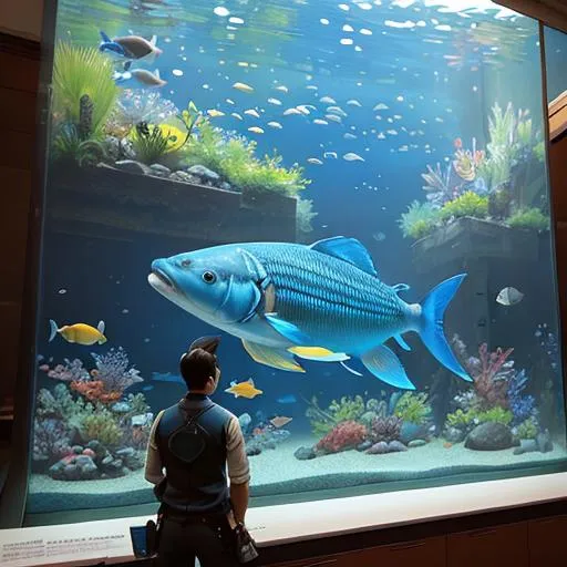 An big aquarium filled with blue fishes and sea anim