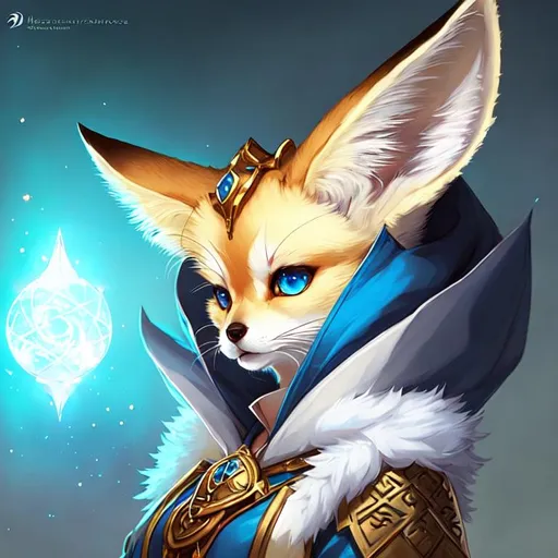 Prompt: anthropomorphic fennec fox with blue eyes, Asian clothes, furry, pretty, beautiful, DnD character art portrait, matte fantasy painting, DeviantArt Artstation, by Jason Felix by Steve Argyle by Tyler Jacobson by Peter Mohrbacher, cinematic lighting, One tail,