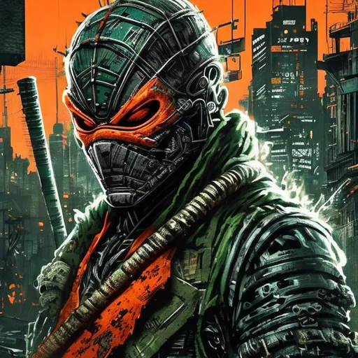 Prompt: Gritty Todd McFarlane style Ninja samurai turtle punisher spawn, dark green and neon orange. Full body. Imperfect, Gritty, futuristic army-trained villain. full face mask. Bloody. Hurt. Damaged. Accurate. realistic. evil eyes. Slow exposure. Detailed. Dirty. Dark and gritty. Post-apocalyptic Neo Tokyo .Futuristic. Shadows. Sinister. Armed. Fanatic. Intense. 