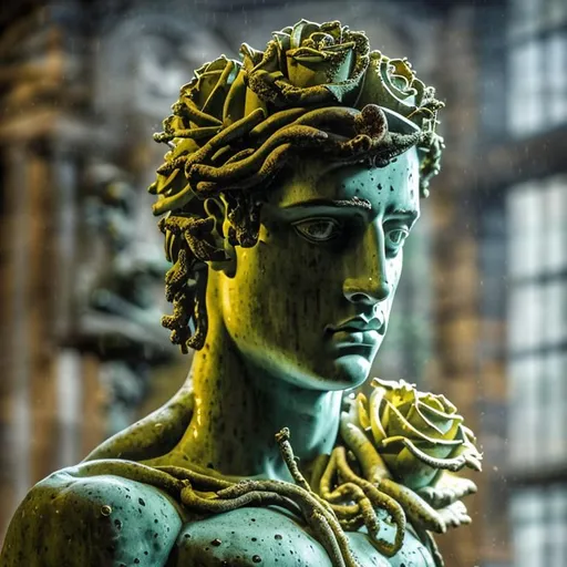 Prompt: ((masterpiece)), statue of david bust, mossy cobblestone texture, weathered, white roses, green vines around the body, high contrast, dark room, table, window light, golden hour

expressive, intricate detail, diffused lighting, bright, profound, epic, victorian, field of depth, sharpness, matte